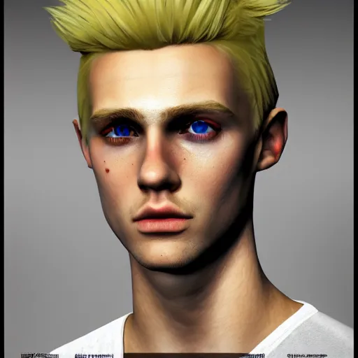 Image similar to A videogame portrait of a blond young Irish man. Rock star. Dressed in 1980s style. Highly detailed, fine Art, high detail, great lighting, 8k resolution, masterpiece, concept art, illustration, clear eyes, painting oil on canvas, octane render, HDR, trending on artstation, 4k, 8k, HD