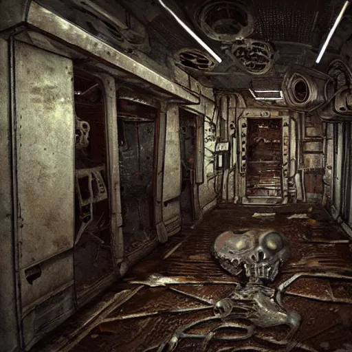 Prompt: disfigured necromorph being crawling in the spacecraft hallway, rusty and dirty interiors, highly realistic and intricate, dim lights