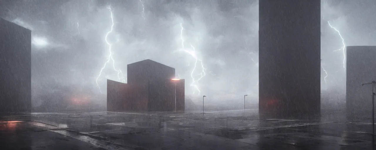 Image similar to brutalist architecture, steel, concrete, mist, heavy rain, night, dramatic lighting, lightning bolt, trending on Artstation, 8k, highly realistic, hyper detailed, unreal engine 5, IMAX quality, realistic, cinematic, epic lighting, realistic, in the style of Greg Rutkowski