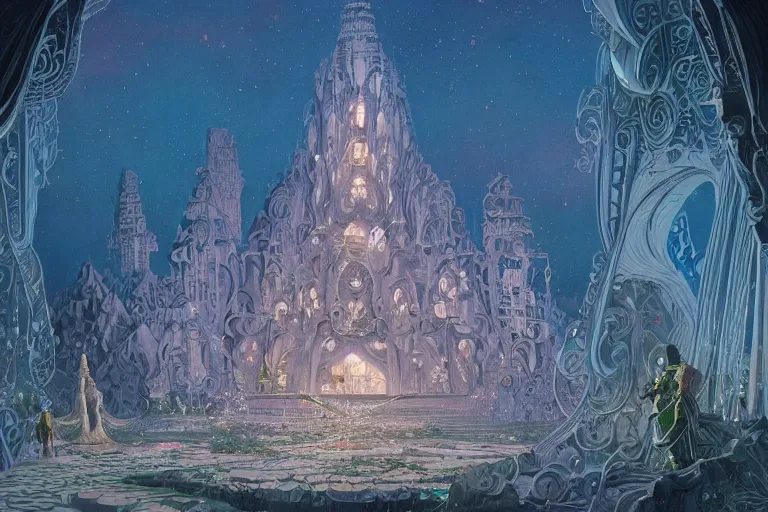 Prompt: delicate mtg illustration by charles vess of a massive temple constructed of carved iridescent pearls and house - sized crystals of impossible architecture floating in the astral plane, trending on cgsociety.