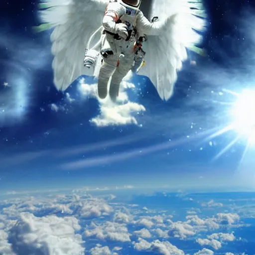 Image similar to a dreamy photograph of an astronaut riding a Pegasus flying above the clouds, mystical