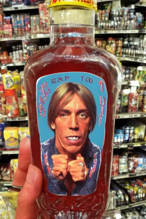 Prompt: a vintage glass bottle of cola with iggy pop's face on the label, on a store shelf