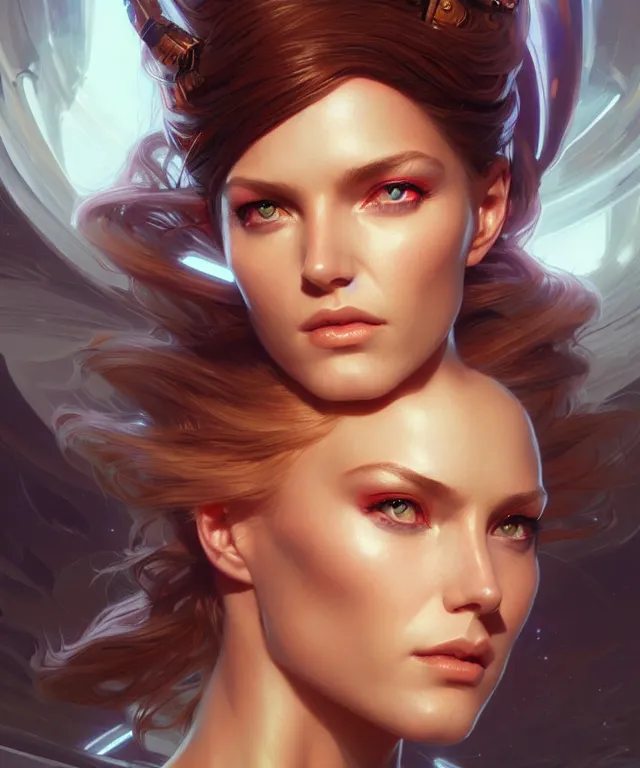 Image similar to futuristic woman portrait, sci-fi, amber eyes, face, long hair, fantasy, intricate, elegant, highly detailed, digital painting, artstation, concept art, smooth, sharp focus, illustration, art by artgerm and greg rutkowski and alphonse mucha