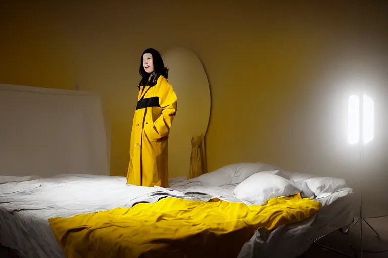 Prompt: a dark-haired woman wearing a yellow raincoat on the floor in front of a bed covered with white linen, puzzle pieces hovering in the air, a sense of awe, atmospheric, cinematic, very detailed, volumetric lighting, photo, by Weta Digital