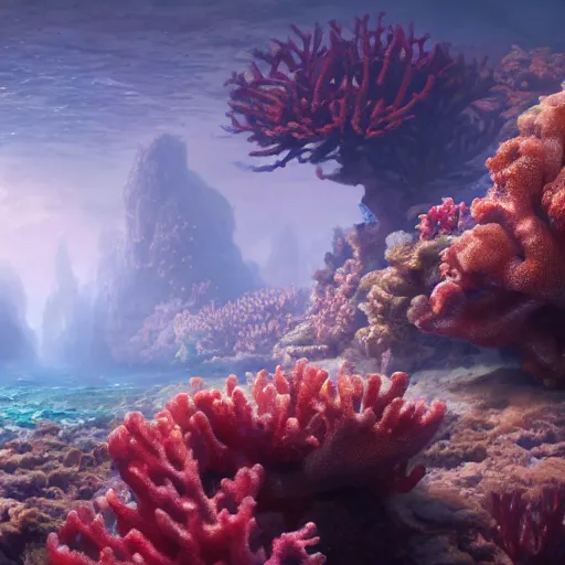 Image similar to beautiful coral reef photorealistic painting, wlop, concept art, octane render, deviantart, greg rutkowski, cinematic, artstation, key art, hyperrealism