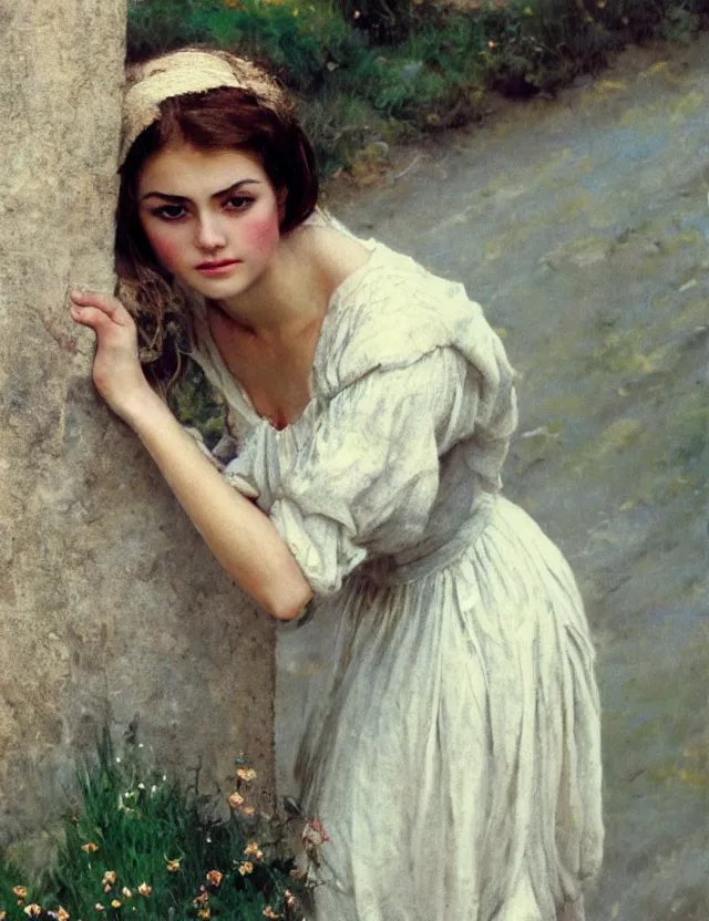 Image similar to tempting peasant girl with deep seductive décolleté looking in the camera, on a village, high angle view, portrait, Cinematic focus, Polaroid photo, vintage, neutral colors, soft light, foggy, by Steve Hanks, by Serov Valentin, by lisa yuskavage, by Andrei Tarkovsky 8k render, detailed, oil on canvas