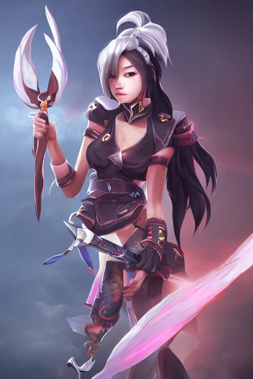 Prompt: a south korean female from video game paladins, white ponytail hair, she is holding kunai, highly detailed digital art, character design, masterpiece