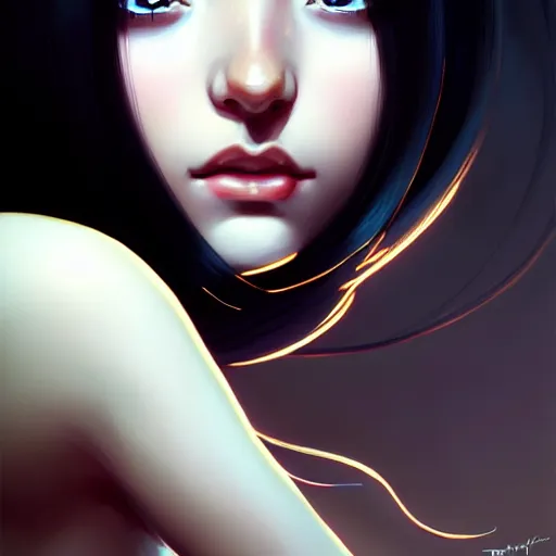 Image similar to a beautiful girl with long black hair, fantasy, portrait, sharp focus, intricate, elegant, digital painting, artstation, matte, highly detailed, concept art, illustration, ambient lighting, art by ilya kuvshinov, artgerm, and Greg Rutkowski