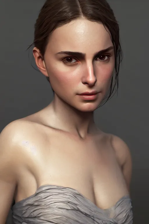 Image similar to a girl Nathalie Portman portrait, loving amber eyes, a shy face, unreal 5, hyperrealistic, octane render, Regal, Refined, Detailed Digital Art, RPG portrait, William-Adolphe Bouguereau, Michael Cheval, dynamic lighting, Highly Detailed, Cinematic Lighting, Unreal Engine, 8k, HD