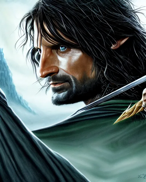 Prompt: Aragorn from Lord of the rings, Cover art by Stephen Bliss, boxart, loading screen, 8K resolution