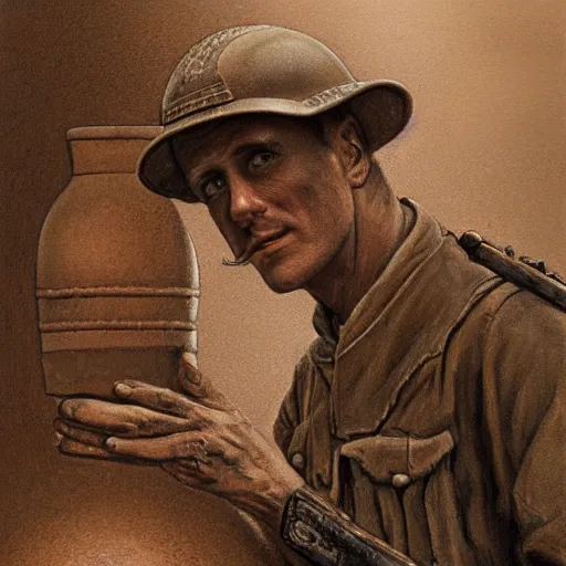 Image similar to a detailed photorealistic sepia - toned color portrait painting of a 1 9 1 7 worried clean - shaven british lieutenant in detailed field gear wearing a finely - detailed pith helmet in wadi rum examining an ancient cylindrical clay jar, ultra realistic, intricate details, atmospheric, dark, horror, brooding, highly detailed, by clyde caldwell