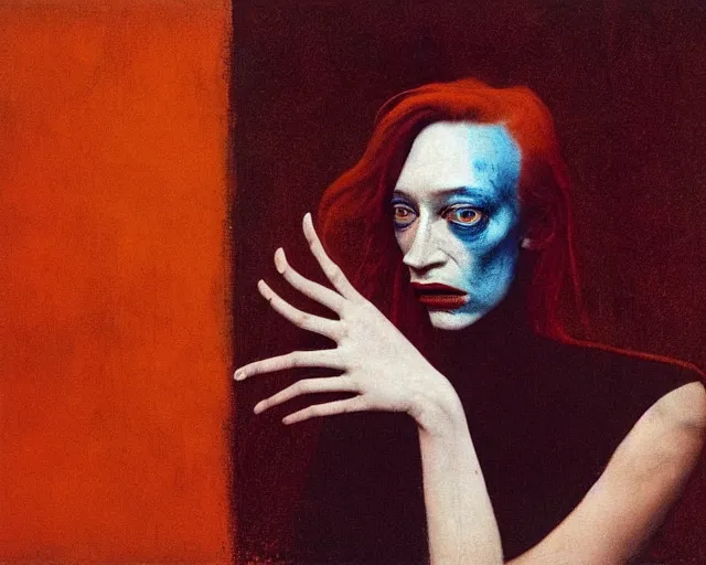 Image similar to by francis bacon, beksinski, mystical redscale photography evocative, full eyebrows lips, expressionism. kat dennings uma thurman christina hendricks tilda swinton