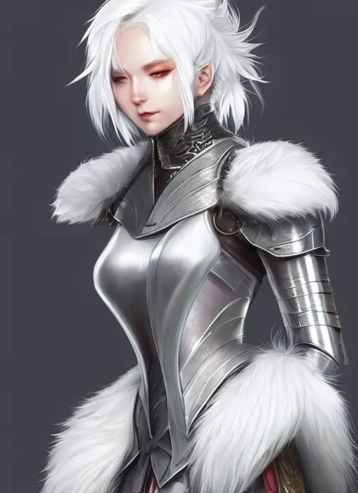 Image similar to fur - lined armor!!! beautiful and elegant white haired female!! gorgeous ayes!! character concept art, sharp focus, octane render! unreal engine 5! highly rendered!! trending on artstation!! detailed linework!! illustration by artgerm, wlop and chie yoshii