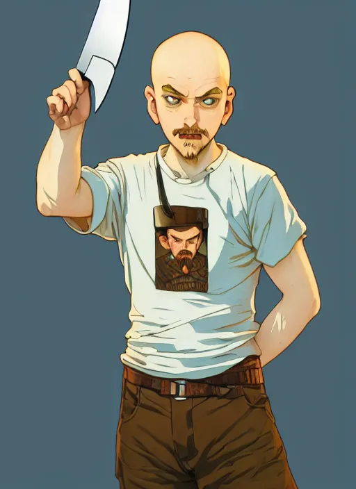 Prompt: art young lenin with giant knife \, light blue eyes, pale skin, freckles, sad expression, t - shirt, modern casual clothing, natural lighting, path traced, highly detailed, high quality, cartoon, digital painting, by don bluth and ross tran and studio ghibli and alphonse mucha