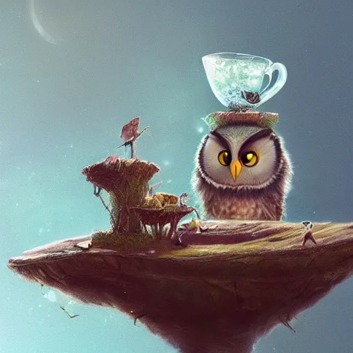 Image similar to long shot of a very cute owl chick nesting in a very futuristic cup, esao andrews, humorous illustration, hyperrealistic, big depth of field, warm colors, night scenery, low light, 3 d octane render, 4 k, conceptart, hyperdetailed, hyperrealistic, trending on artstation