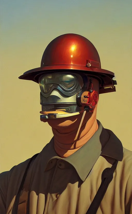 Image similar to Portrait of an engineer with helmet, very coherent, painted by Edward Hopper, Wayne Barlowe, painted by James Gilleard, airbrush, art by JamesJean