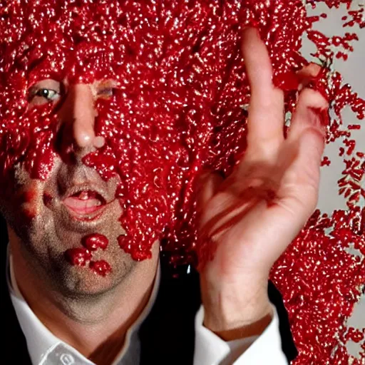 Prompt: nic cage screaming while covered from head to toe in red bees, award winning portrait