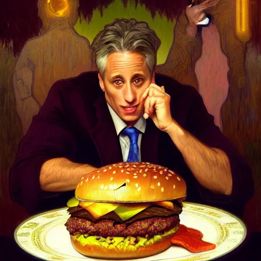 Prompt: painted portrait of ( ( ( jon stewart ) ) ) eating giant hamburgers, mature, handsome, fantasy, intricate, elegant, highly detailed, digital painting, artstation, concept art, sharp focus, illustration, illumination, holy ethereal light, art by gaston bussiere and alphonse mucha