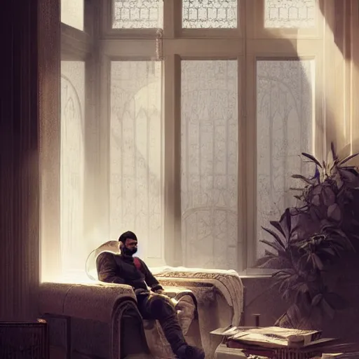 Image similar to Young middle-eastern Almighty God, wearing tracksuit sitting in armchair in poor european apartment. Perfect composition. Very very beautiful digital art in style of Greg Rutkowski, intricate stunning texture and details, fine detailed face. Trending on artstation. Dramatic lighting