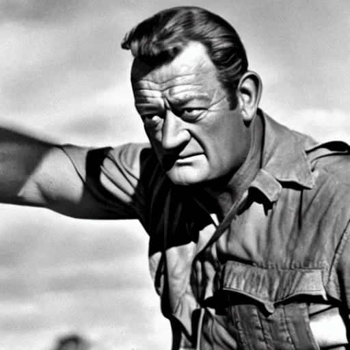 Prompt: a still of John Wayne as Homelander