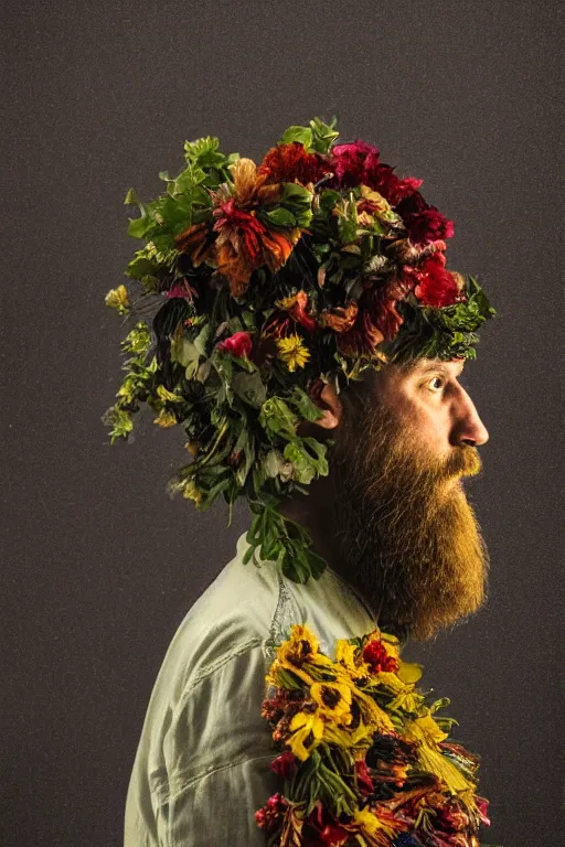 Prompt: a man's face in profile, long beard, made of flowers and fruit, in the style of the Dutch masters and Alec Soth, dark and moody
