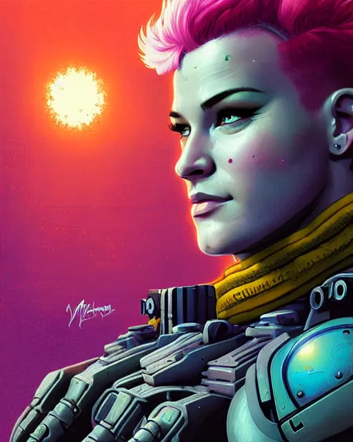 Image similar to zarya from overwatch, character portrait, portrait, close up, concept art, intricate details, highly detailed, vintage sci - fi poster, retro future, in the style of chris foss, rodger dean, moebius, michael whelan, and gustave dore