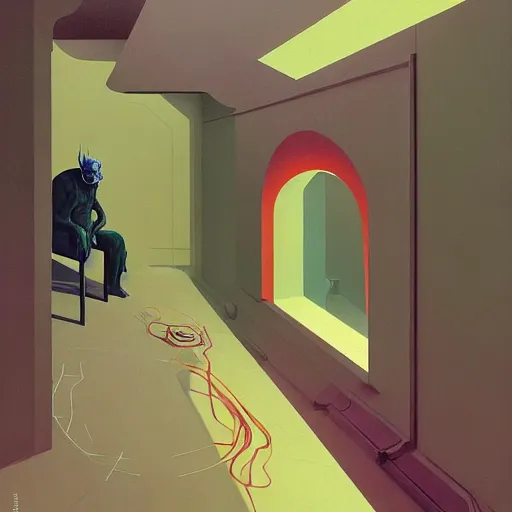 Prompt: Portrait of an abstract visual of artificial intelligence, open ceiling, highly detailed, very coherent, painted by Francis Bacon and Edward Hopper, Wayne Barlowe, painted by James Gilleard, surrealism, airbrush, art by JamesJean