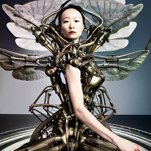 Prompt: still frame from Prometheus movie by Makoto Aida, flying biomechanical angel gynoid by giger, mimicking devil's dragon flower mantis, metal couture by neri oxmn and Guo pei, editorial by Malczewski and by Caravaggio