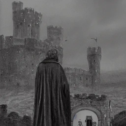 Image similar to merlin and gawain in a dark gloomy atmospheric medieval castle