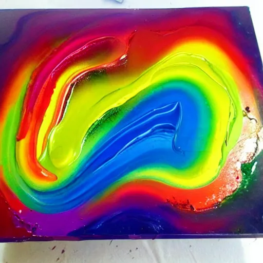 Image similar to a pour painting, rainbow colors, abstract, thick paint, chunky paint, glossy, resin coated