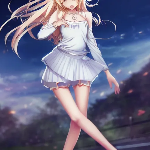 Image similar to a very beautiful anime grown girl, full body, long wavy blond hair, sky blue eyes, full round face, short smile, fancy top, miniskirt, front view, medium shot, mid-shot, highly detailed, cinematic wallpaper by Stanley Artgerm Lau