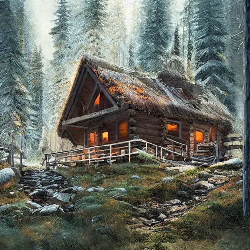 Prompt: a cabin in the woods by Klaus Wittmann