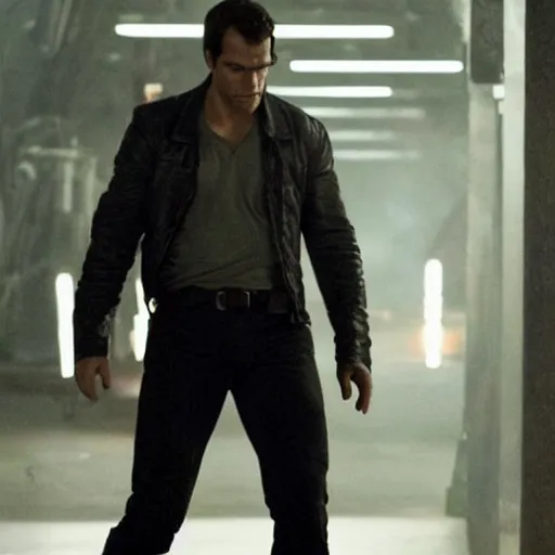 Prompt: henry cavill as the terminator, movie scene