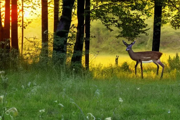 Prompt: deer in the backyard next to a forest at sunset