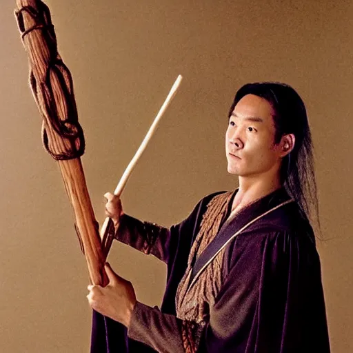 Image similar to a still from “ lord of the rings ” of a head and shoulders portrait of fei lung as a wizard with a wooden staff, betty, photo by phil noto