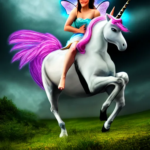 Prompt: photo of a fairy riding a unicorn, highly detailed, 4k, HDR,