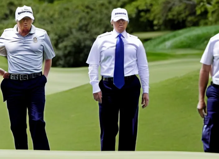 Image similar to front view of a single Donald Trump wearing handcuffs escorted by two young FBI agents wearing uniforms at golf course, photo by Alex Webb, press photo, Reuters media