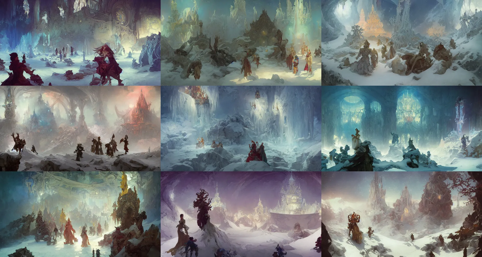 Image similar to ice palace, fantasy, art by joseph leyendecker, peter mohrbacher, ivan aivazovsky, ruan jia, reza afshar, marc simonetti, alphonse mucha