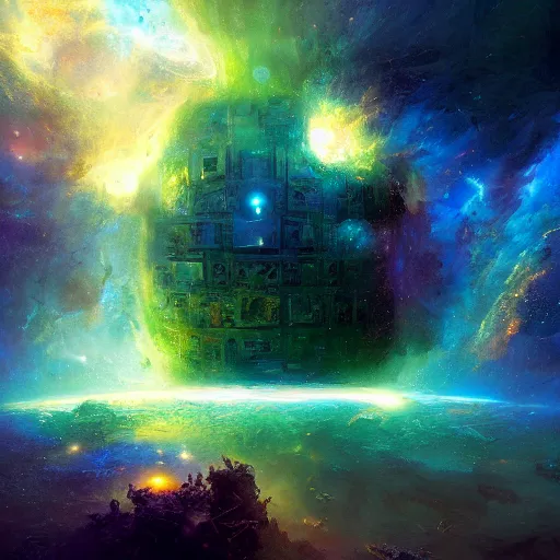 Image similar to neuromorphic god in this multi - dimensional latent spaceby marc simonetti, colour, hyper detail, 8 k, universe, nebula, burst of colour, imaginary, concept art, out of this world, depth, incredible depth