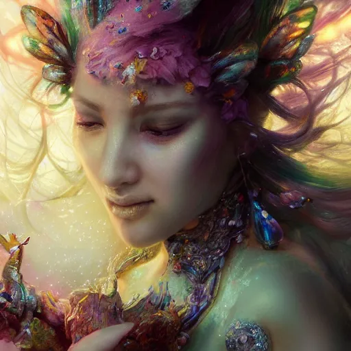 Prompt: face closeup of magical fairy flowers and ice velvet, yyytyyy, diamonds, angels, 3 d render, hyper - realistic detailed portrait, holding fire and electricity rainbow, ruan jia, wlop. scifi, fantasy, magic the gathering, hyper detailed, octane render, concept art, peter mohrbacher c 2 0