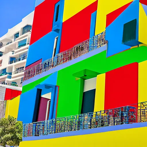 Image similar to colorful pairing of tel aviv bauhaus architecture in the style of henri matisse, portrait