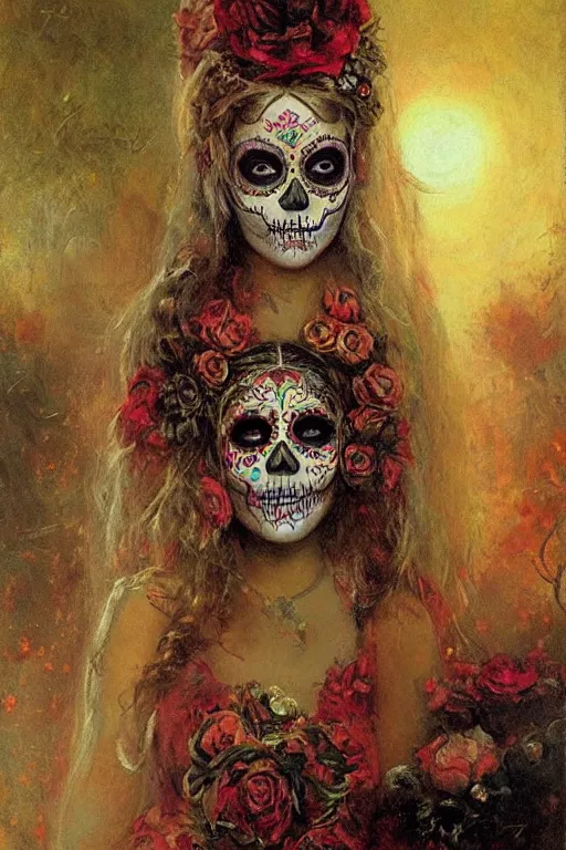 Image similar to illustration of a sugar skull day of the dead girl, art by gaston bussiere