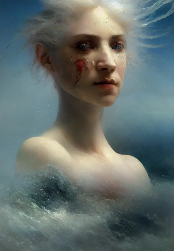 Image similar to three-quarters portrait with papery flaking skin, piercing multi-colored eyes, and under water flowing hair, dreams of the fae; painted in oil on canvas; highly detailed surrealism by Aleksi Briclot and Ivan Aivazovsky; 8k