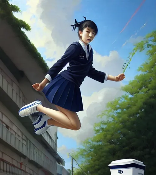 Image similar to portrait of an Italian Japanese teen female schoolgirl with short hair wearing a navy and white sepuku uniform and jumping outside a green trashbin in Kalakaua avenue in Waikiki, intricate, elegant, highly detailed, centered, digital painting, artstation, concept art, smooth, sharp focus, illustration, by Peter Mohrbacher, WLOP