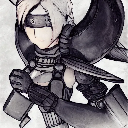 Prompt: blindfolded nier 2 b reclining in heavy armor by studio ghibli