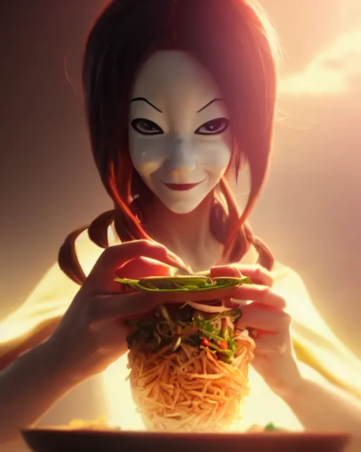 Image similar to movie still macro close photo of anonymous holding stirfry to face, by weta disney pixar greg rutkowski wlop ilya kuvshinov rossdraws artgerm octane render iridescent, bright morning, liosh, mucha