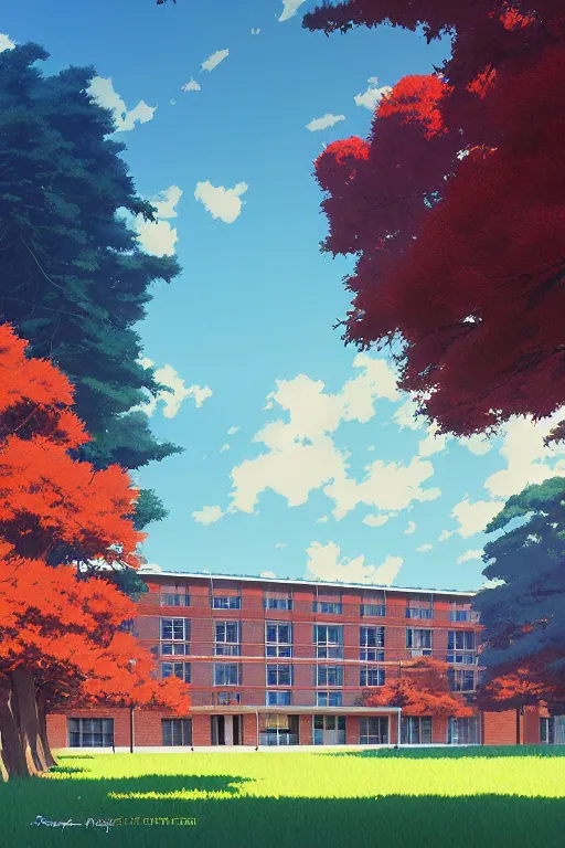 Image similar to a colorful traditional american high school building full of students with beautiful trees, morning, by studio ghibli painting, superior quality, masterpiece, traditional Japanese colors, by Grzegorz Rutkowski, concept art