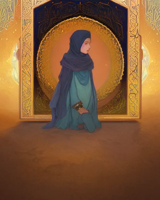 Image similar to a bedouin child infront of an big open quran highly detailed, gold filigree, romantic storybook fantasy, soft cinematic lighting, award, disney concept art watercolor illustration by mandy jurgens and alphonse mucha and alena aenami, pastel color palette, featured on artstation