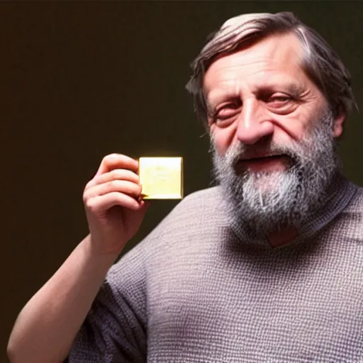 Image similar to film still of slavoj zizek holding a gold brick in the road to el dorado