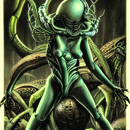 Image similar to xenomorph queen surrounded by eggs, dark emerald mist colors, giger color liminal backfill